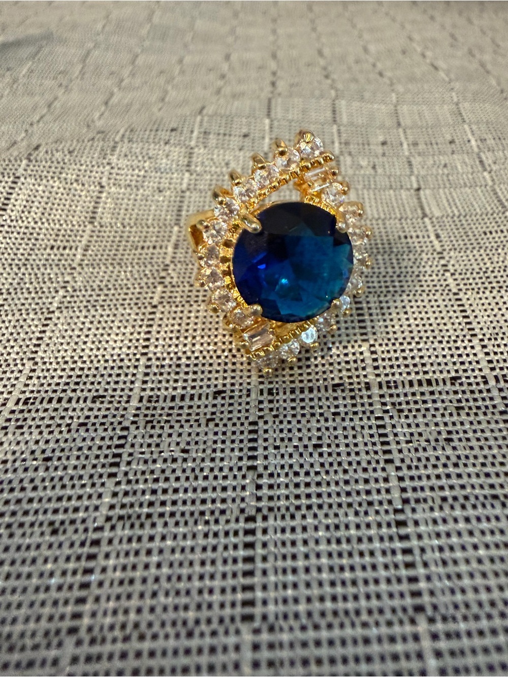 Gold-Tone Blue Crystal Cocktail Ring